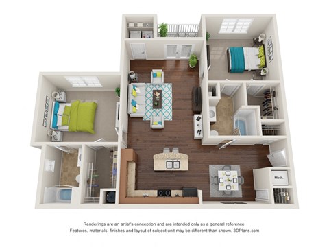 Floor plan for 2 beds, 2 baths, 1260 sqft